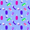 Seamless pattern with bottles, jars and tubes of cosmetics. Design for a beautician. Hygiene and beauty.