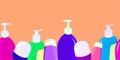 Seamless pattern with bottles, jars and tubes of cosmetics. Hygiene and beauty.