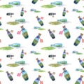 Seamless pattern with bottles with liquid and poison. Pattern with leaves and bottles for Halloween. Seamless watercolor pattern