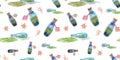 Seamless pattern with bottles with liquid and poison. Pattern with leaves and bottles for Halloween. Seamless watercolor pattern