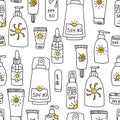 Seamless pattern with bottles with sunscreen. Print for textile, wallpaper, covers, surface. For fashion fabric. Retro stylization