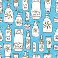 Seamless pattern with bottles with sunscreen. Print for textile, wallpaper, covers, surface. For fashion fabric. Retro stylization