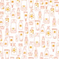 Seamless pattern with bottles with sunscreen. Print for textile, wallpaper, covers, surface. For fashion fabric. Retro stylization