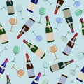 Seamless pattern bottles of wine and glasses