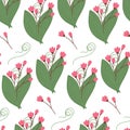 Seamless pattern of bouquet of blossom twig, spathiphyllum leaves and curled branch in trendy shades