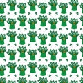 Seamless pattern of Bouquet of shamrocks in leprechaun hat with buckle on ribbon. St. Patricks field