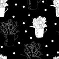Seamless pattern with bouquet of tulips in a cup and polka dots.