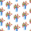 Seamless pattern with bouquet of tulips in a vase. Watercolor illustration isolated on a white background. Royalty Free Stock Photo