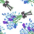 A seamless pattern with the bouquets of blue forget-me-not flowers (Myosotis) and lavender, decorated by bow Royalty Free Stock Photo