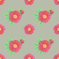 Seamless pattern bouquets of bright red peonies on a beige background. Illustration of felt-tip pens.