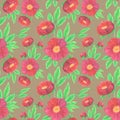 Seamless pattern bouquets of bright red peonies on a beige background. Illustration of felt-tip pens.