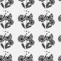 Seamless pattern. Bouquets of dandelions in rows. Black linear drawing on white background. Spring texture with flowers, leaves, Royalty Free Stock Photo