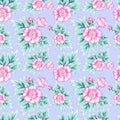 Seamless pattern bouquets of flowers of pink peonies with foliage on a blue background, illustration with felt-tip pens.