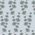 Seamless pattern with bouquets of honeysuckle branches with berries in pastel gray-blue shades.