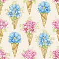 Watercolor seamless pattern with pink and blue flowers in waffle cones Royalty Free Stock Photo