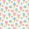 Watercolor seamless pattern with flowers in waffle cones and muffins Royalty Free Stock Photo
