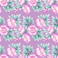 Seamless pattern of bouquets of pink peonies on a light purple background. Illustration of felt-tip pens.