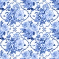 Seamless pattern of bouquets of roses and baroque pattern in blue tones