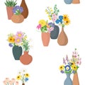 Seamless pattern of bouquets of spring flowers in clay vases.Vector illustration