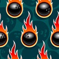 Seamless vector pattern with bowling ball icons and flames. Royalty Free Stock Photo