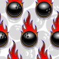 Seamless vector pattern with bowling ball icons and flames.