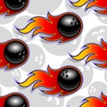 Seamless vector pattern with bowling ball icons and flames. Royalty Free Stock Photo