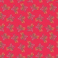 Seamless pattern, boxes in festive packaging lie in shopping carts, red packaging and red background