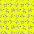A seamless pattern, boxes in festive packaging lie in shopping carts, yellow packaging on a yellow background
