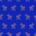 A seamless pattern, boxes in festive packaging lie in shopping trolleys, blue packaging and blue background