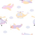 Seamless pattern for boy with cartoon kids airplane and helicopter. Air transport vector print. Royalty Free Stock Photo