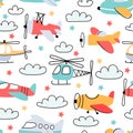 Seamless pattern for boy with cartoon kids airplane and helicopter. Nursery wallpaper with fly planes and clouds. Air Royalty Free Stock Photo