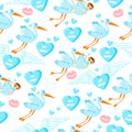 Seamless pattern for boys with stork, kiss, love, hearts and kids.