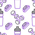 Seamless pattern. Bracelet, bottle and dumbbells.