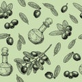 Seamless pattern of a branch of olives and olive oil . Vector hand drawn seamless pattern with olives and tree branches Royalty Free Stock Photo