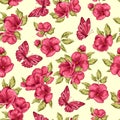 Seamless pattern with branch with pink flowers, butterfly.