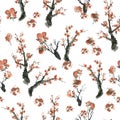 Seamless pattern with branches of blooming sakura in oriental style. Hand drawn watercolor illustartion