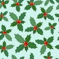 Seamless pattern of branches of Christmas holly with berries on a blue background. Royalty Free Stock Photo