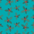 Seamless pattern of branches of Christmas holly with berries on a blue background. Royalty Free Stock Photo