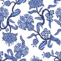 Seamless pattern with branches flowers in chinoiserie style. Japanese blue ceramic print. Royalty Free Stock Photo