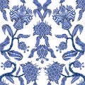 Seamless pattern with branches flowers in chinoiserie style. Japanese blue ceramic print.