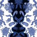 Seamless pattern with branches flowers in chinoiserie style. Japanese blue ceramic print. Royalty Free Stock Photo