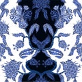 Seamless pattern with branches flowers in chinoiserie style. Japanese blue ceramic print. Royalty Free Stock Photo