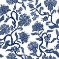 Seamless Pattern With Branches Flowers In Chinoiserie Style. Japanese Blue Ceramic Print.