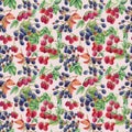 Seamless pattern with branches leaves and berries of raspberries and blackberries, hand-drawn in watercolor