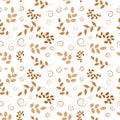 Seamless pattern with branches, leaves and curls on a white background.