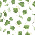 Seamless pattern with branches and leaves of linden, watercolor painting