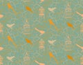 Seamless pattern with branches, thorns, birds and vintage birdcage.