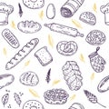 Seamless pattern with bread and wheat. Hand drawn bakery background Royalty Free Stock Photo