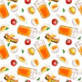 Seamless pattern breakfast - eggs fried, soft-boiled, raw tomato, glass of orange juice. Hand drawn watercolor Royalty Free Stock Photo