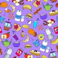Seamless illustration on Breakfast and food theme, simple color icons on purple background
